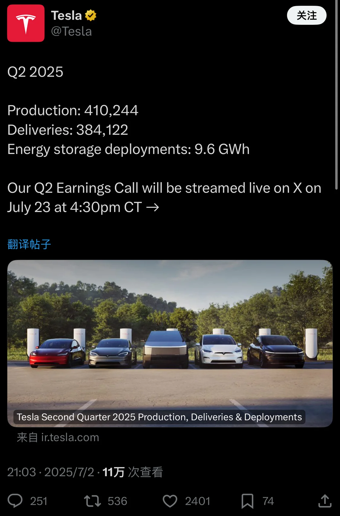 特斯拉2025年第二季度交付量38.4万辆